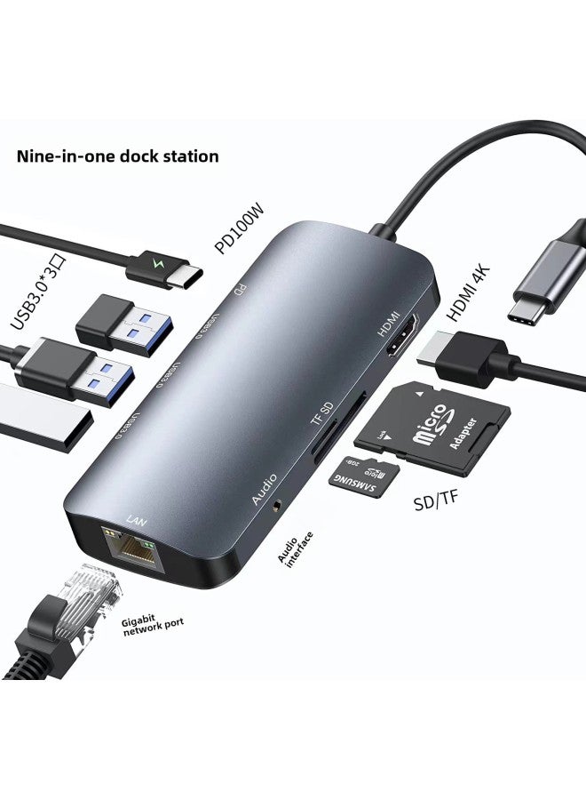 Typec Docking Station HDMI Cable HD Monitor Hub Projection Screen USB3.0 Computer Multi-port Five-in-one Docking Station-Number Of Interfaces:Nine-in-one HDMI4K + USB3.0 * 3 Ports + PD100W + SD/TF + Audio Interface + Gigabit Network Port